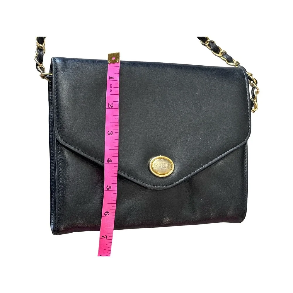 Monet Vintage Black Leather Crossbody Bag Gold Chain Strap Small Envelope Purse